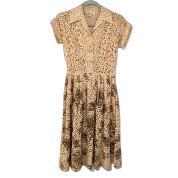 Vintage 50s Rosemont Lace Tea Dress, Cappuccino Lace w/Chrysanthemums, Sz 00/0 - Picture 12 of 15